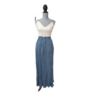 Marineblu Maxi Dress Womens L Blue White Crochet Top Open Back Sleeveless